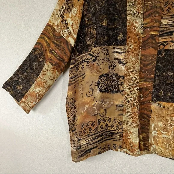 CHICO'S Patchwork Tunic Blouse L Linen Silk Dressy Beads Artsy Lagenlook Resort - Picture 4 of 14